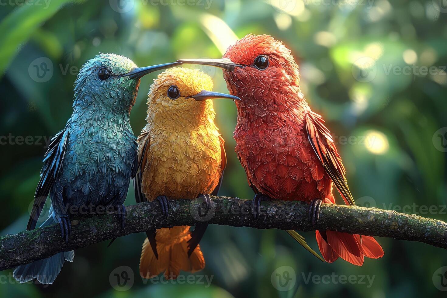 Three Vibrant Hummingbirds Perched on a Branch photo