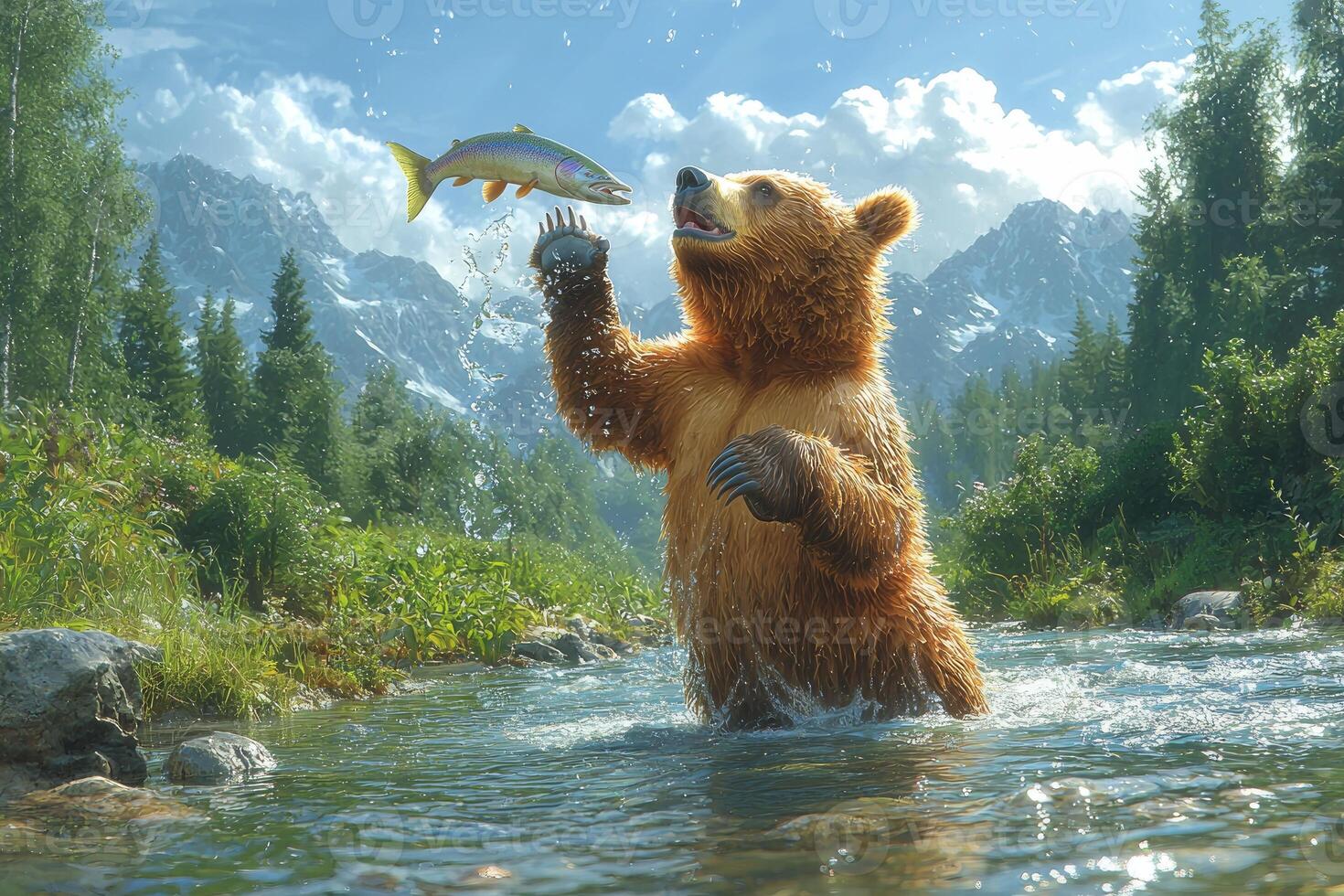 Grizzly Bear Catches Salmon In Mountain River photo