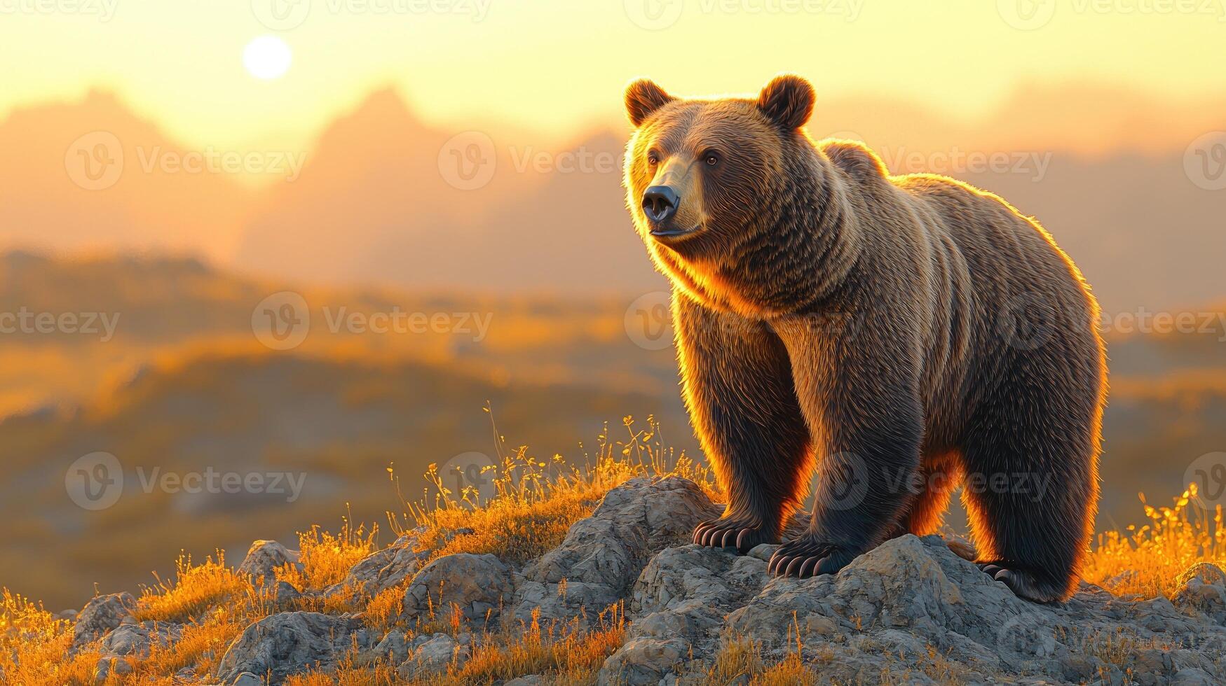 Majestic Brown Bear at Golden Hour Mountain Sunset photo