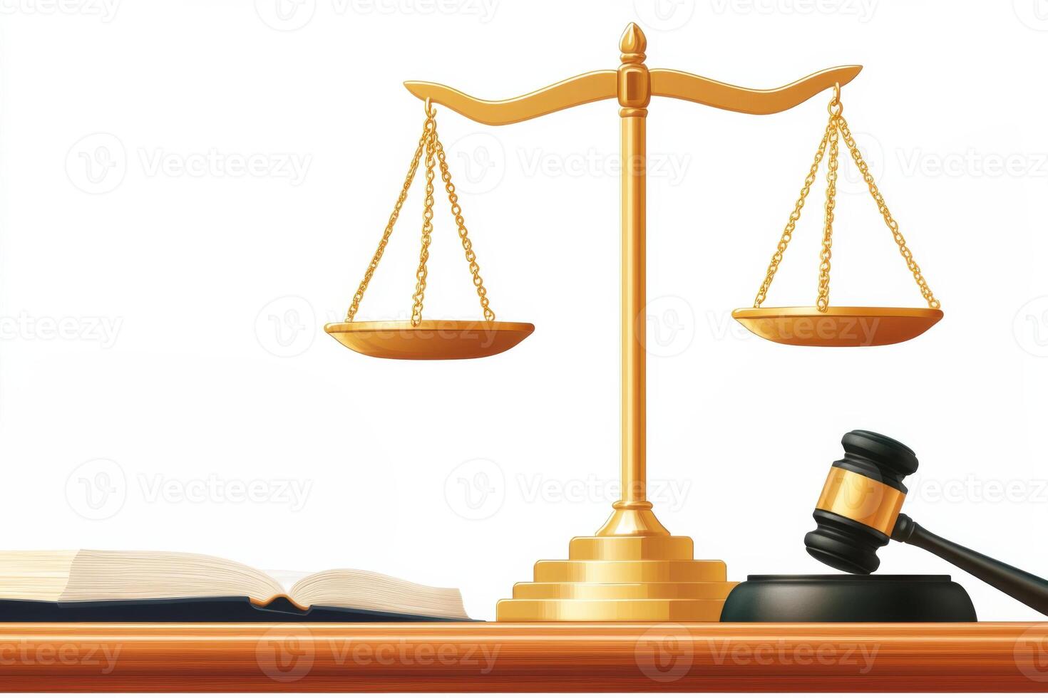 Golden Scales of Justice on a Wooden Judges Desk with Law Book and Gavel Symbolizing Fairness and Legal Authority photo
