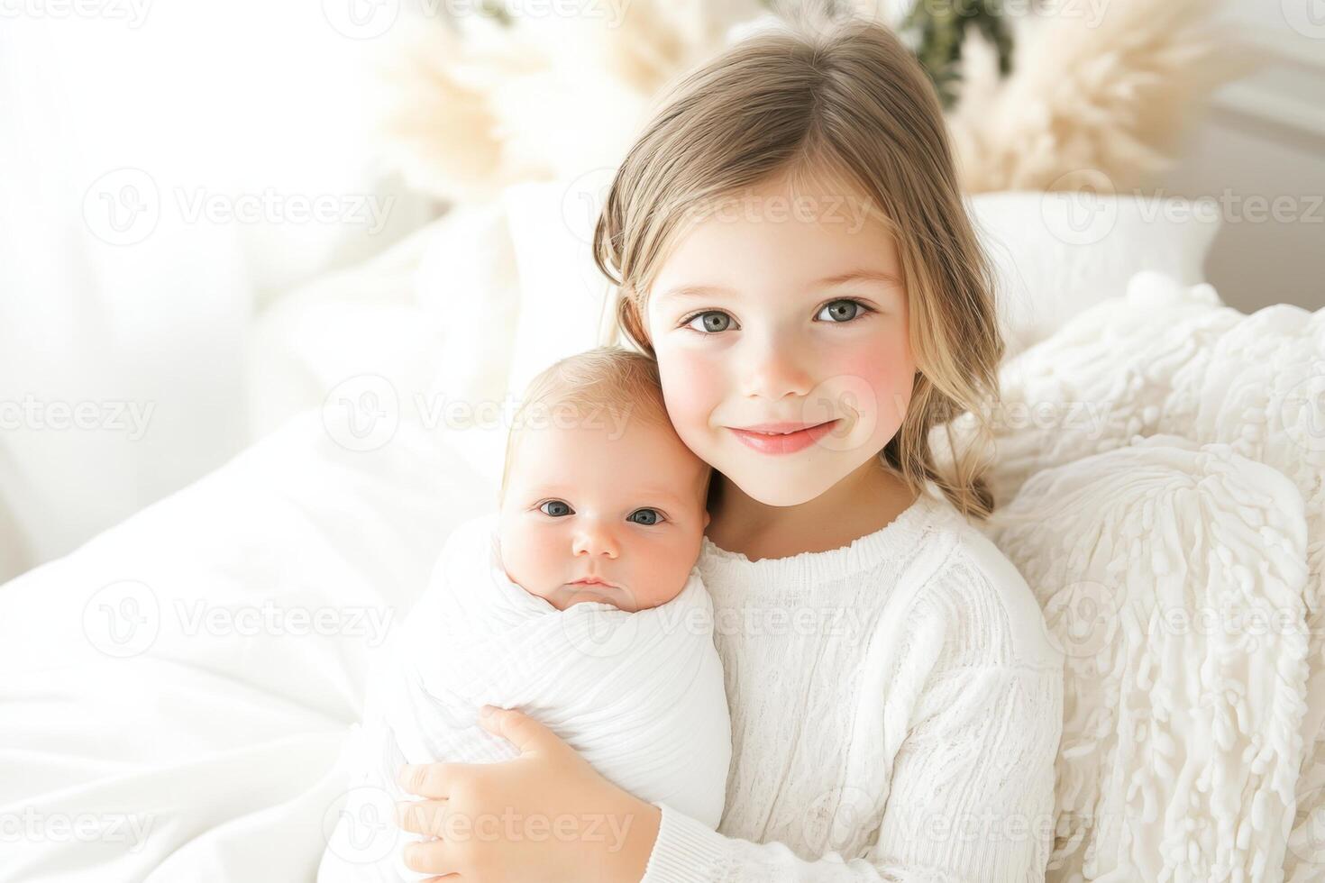 Joyful toddler embraces newborn sibling in a cozy white bedroom filled with natural light, capturing a tender moment of sibling love and connection photo