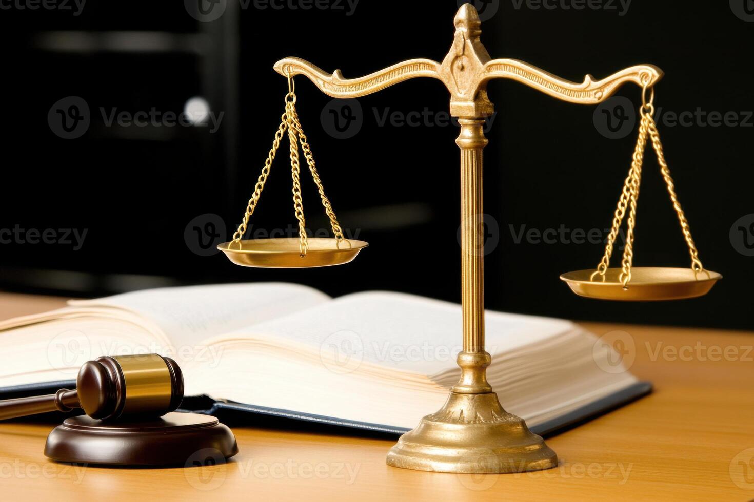Golden scales of justice on a wooden judges desk with an open law book and gavel representing legal authority and fairness photo