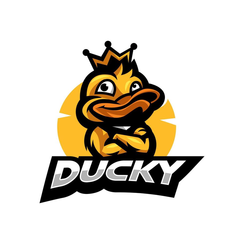 King duck wear crown with his arms crossed cartoon mascot logo vector