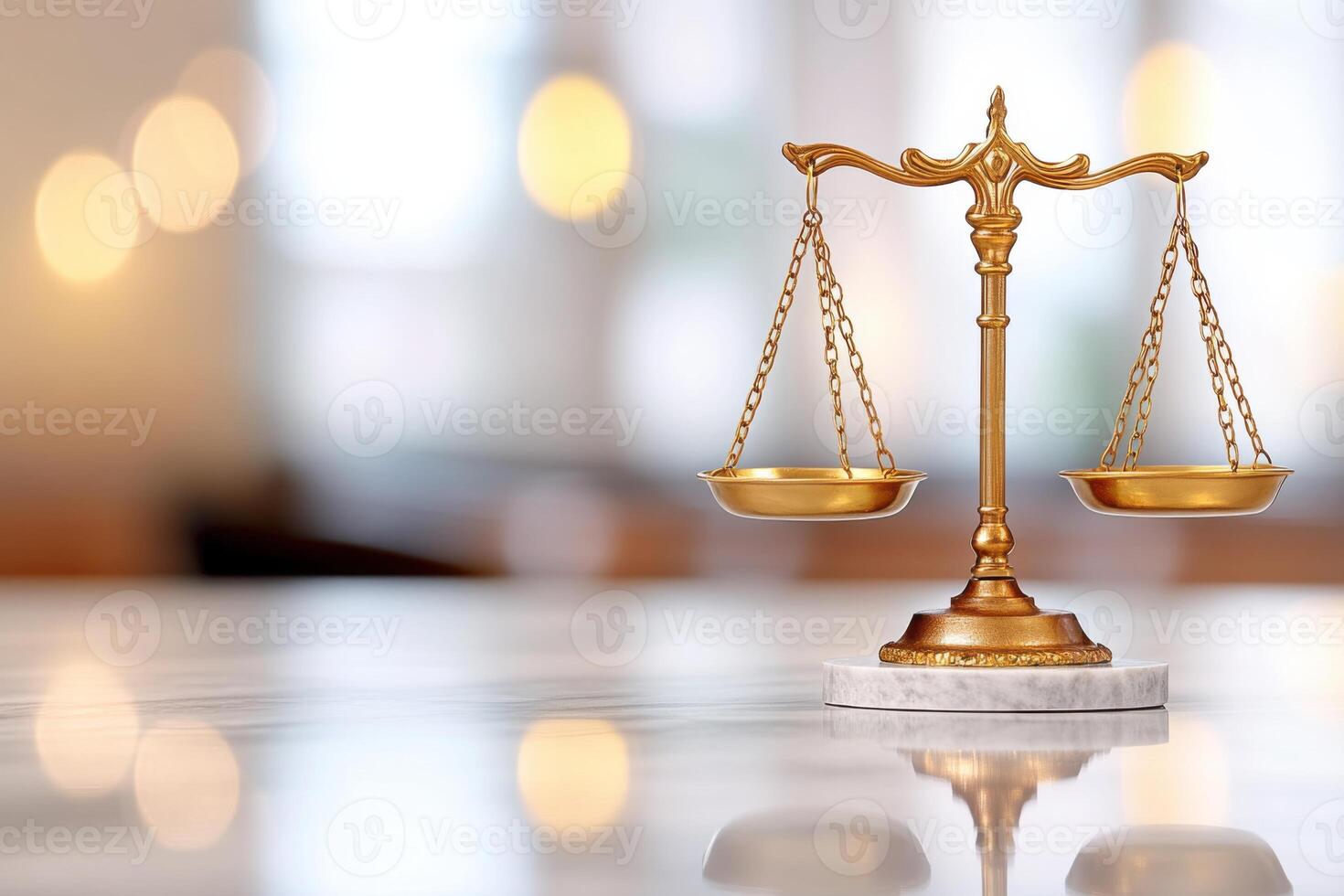 Elegant golden justice scales in perfect balance on a marble surface with a blurred courtroom background showcasing a solemn atmosphere photo