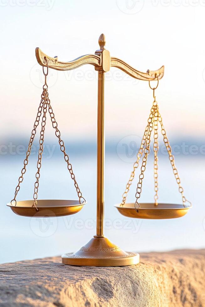 Scales of Justice symbolize balance between truth, law, and morality atop a rocky cliff during a vibrant sunset photo