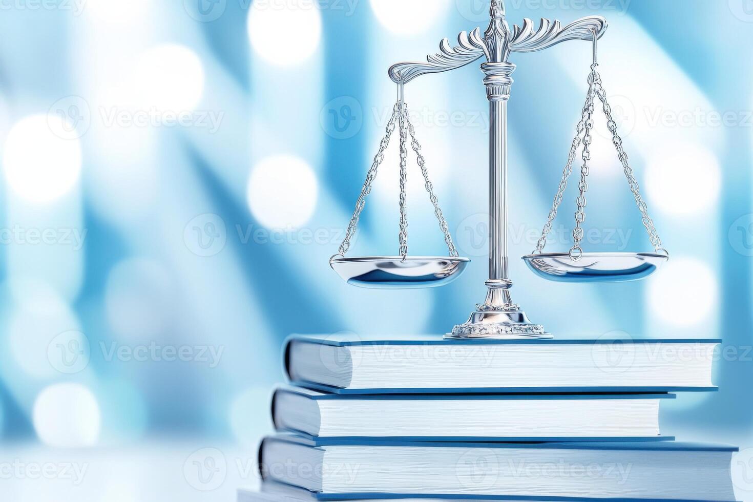 Futuristic silver scales of justice suspended in mid-air with floating law books create a modern vision of law and order photo