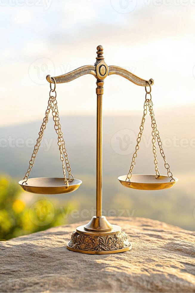 Scales of Justice balanced on a rocky cliff during sunset representing the equilibrium of truth, law, and morality photo