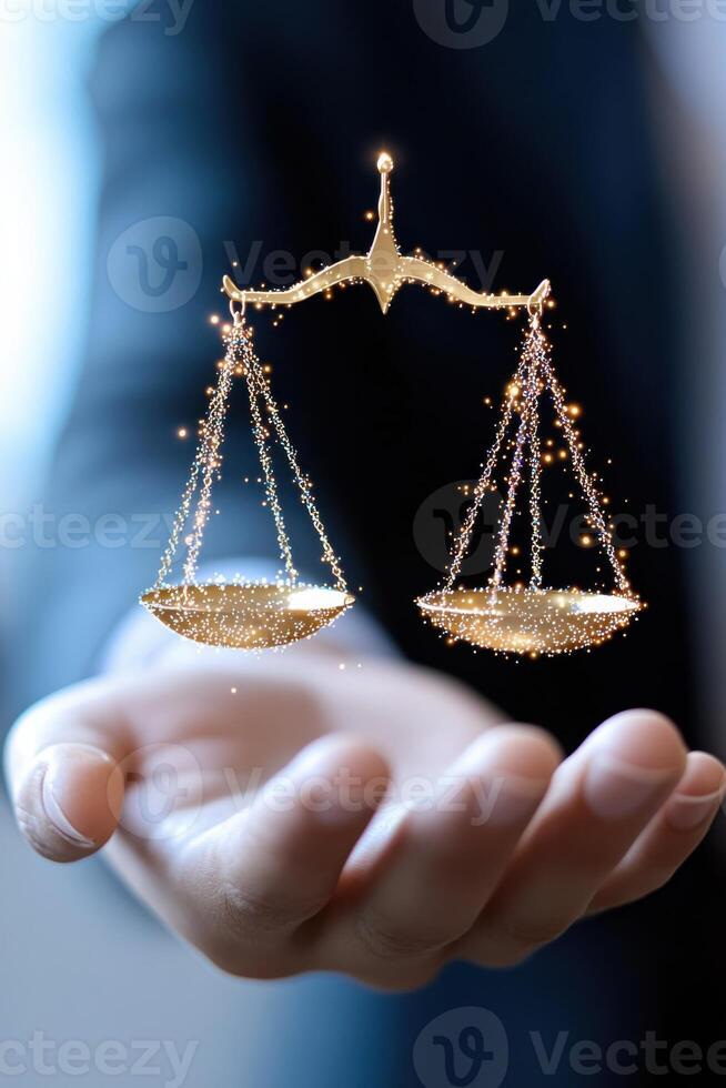Glowing Scales of Justice hologram suspended above a judges hand, symbolizing digital law and the evolution of legal technology in modern justice systems photo