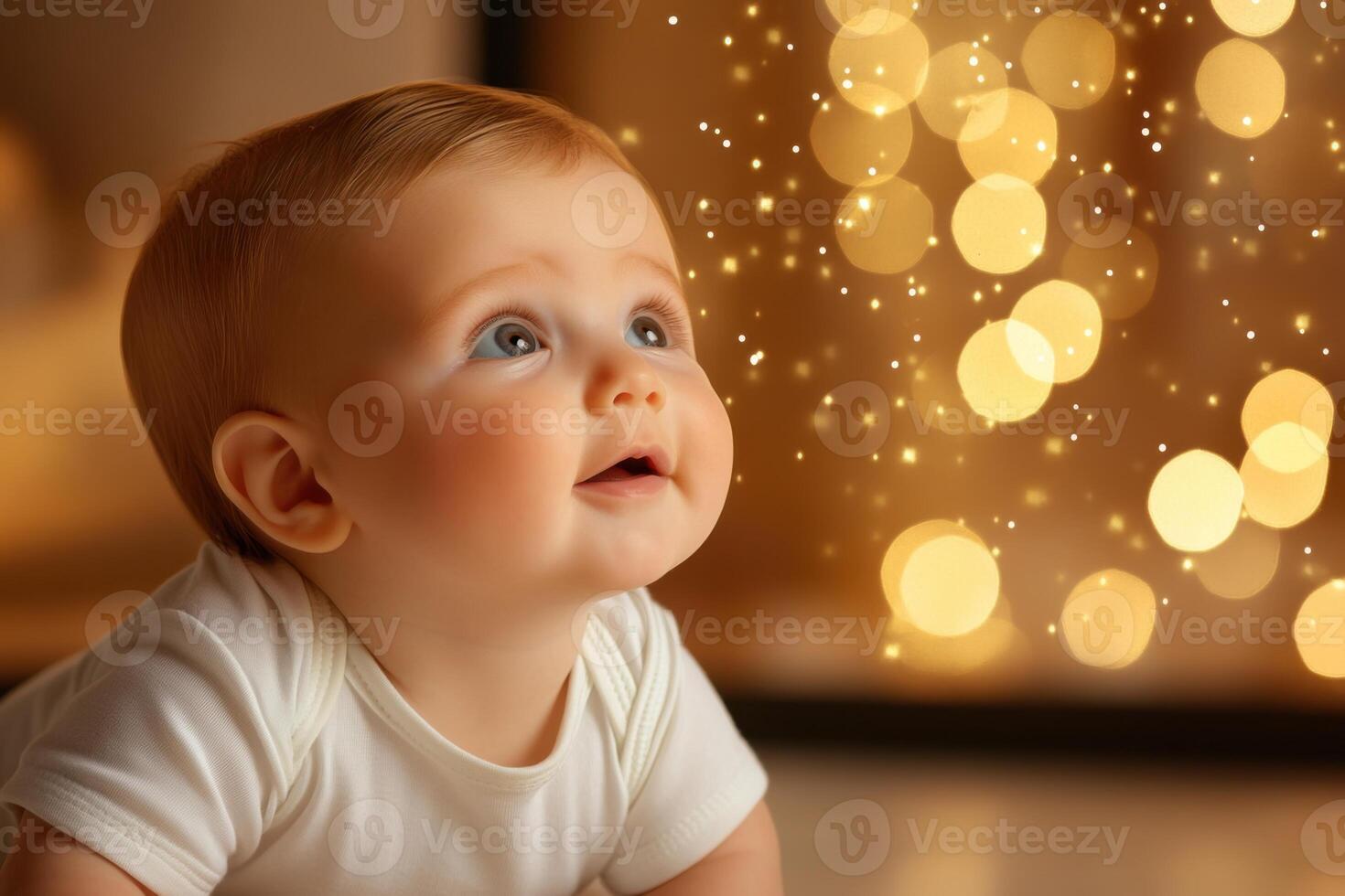Curious baby crawling on shiny wooden floor in warm morning light, exploring a cozy home environment with a blurred background photo