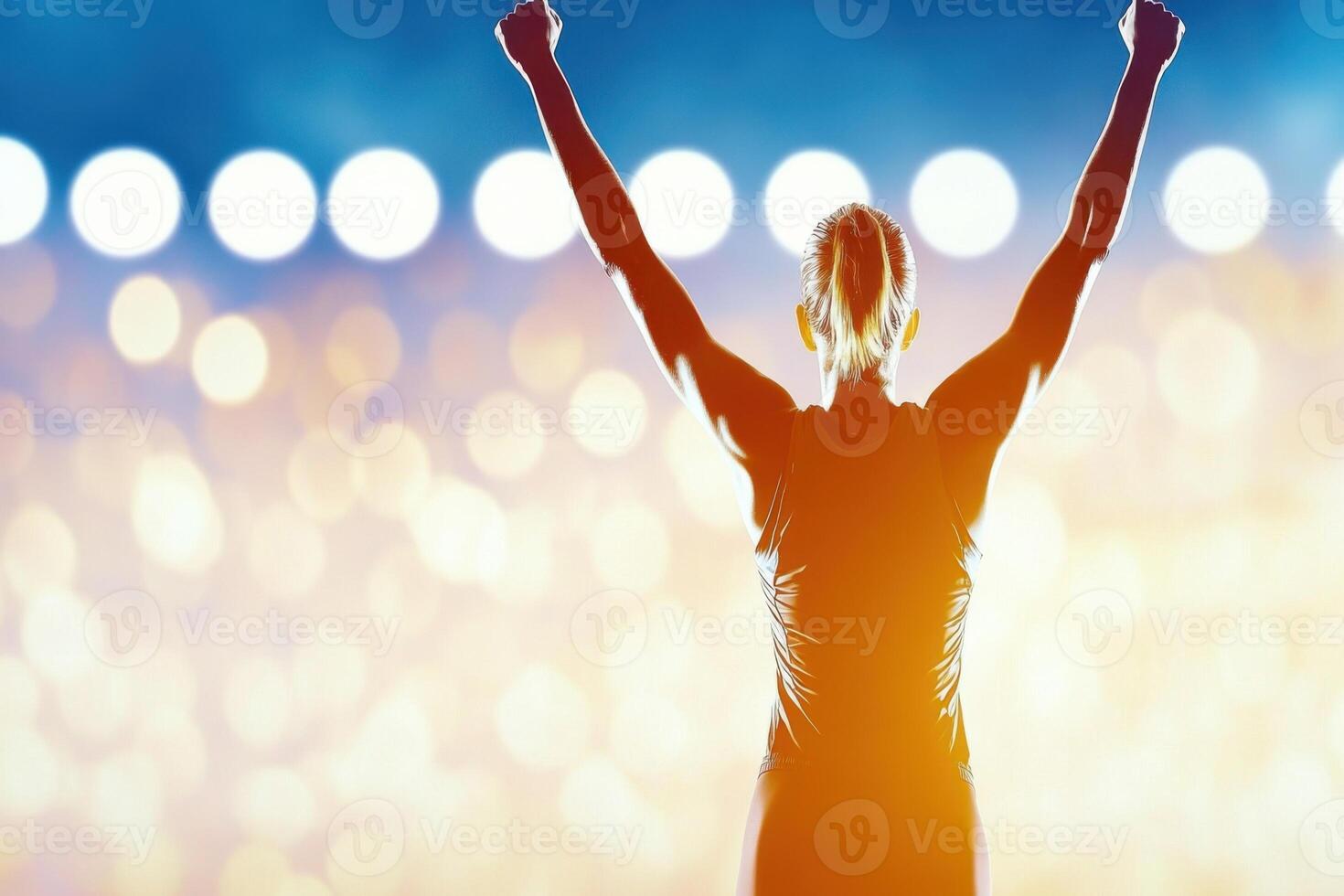 Long-distance runner triumphantly crosses finish line with arms raised in victory under stadium floodlights photo