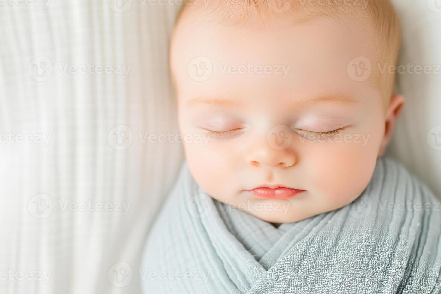 Soft pastel blanket cradles sleeping newborn in dreamy light with neutral backdrop creating a serene atmosphere photo