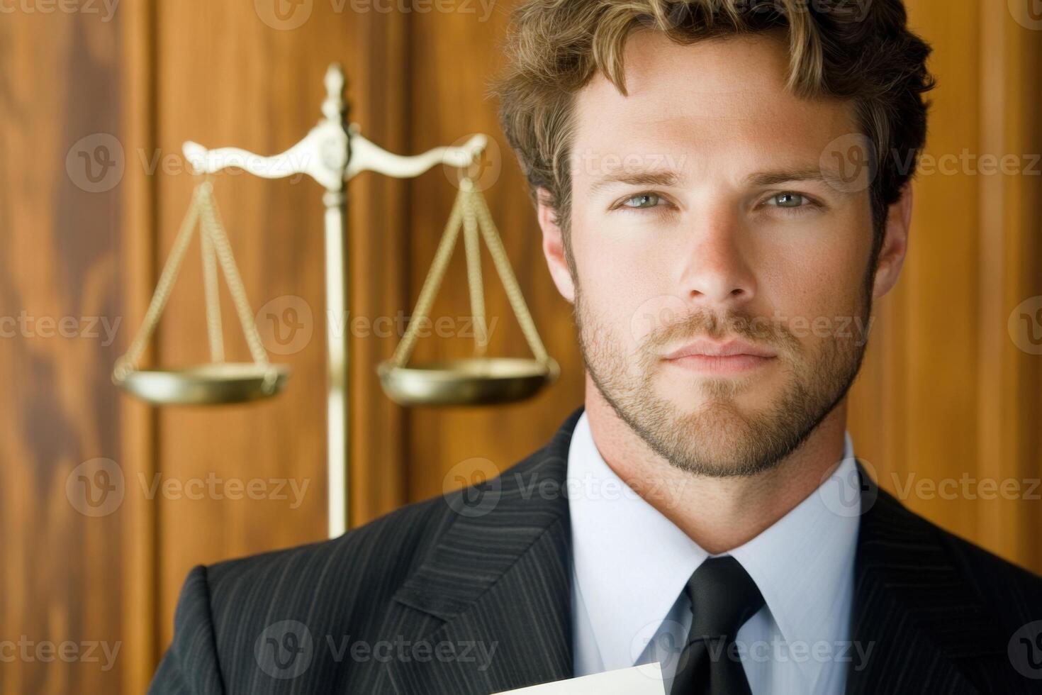 Serious lawyer holds legal document while showcasing professionalism with Scales of Justice symbol in background photo