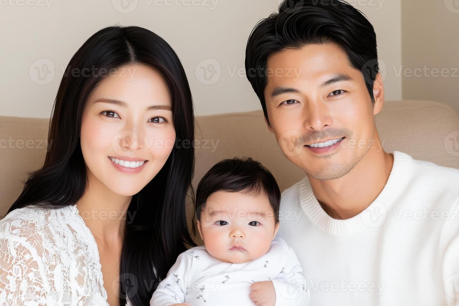 Korean couple enjoying family time together with their newborn and toddler on a cozy beige sofa in a warm, minimalist home setting photo
