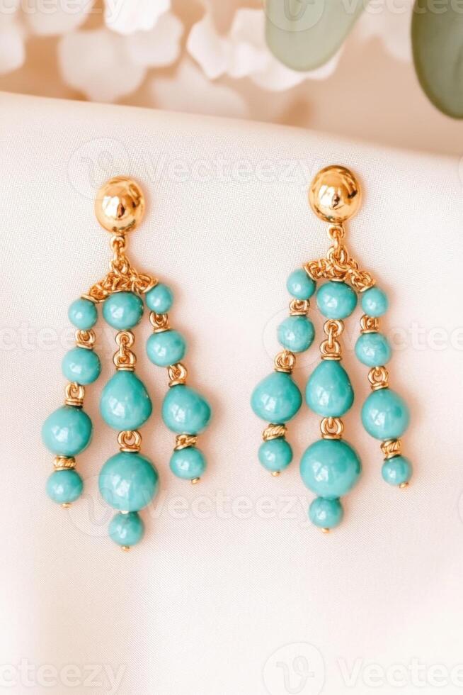 Stunning turquoise beaded earring set showcasing intricate craftsmanship with soft natural lighting on a neutral background photo