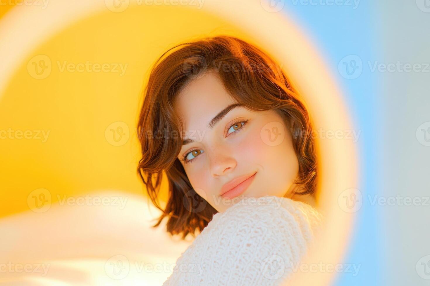Latina woman applying bronzer in warm golden light in stylish bedroom setting with minimalistic decor photo