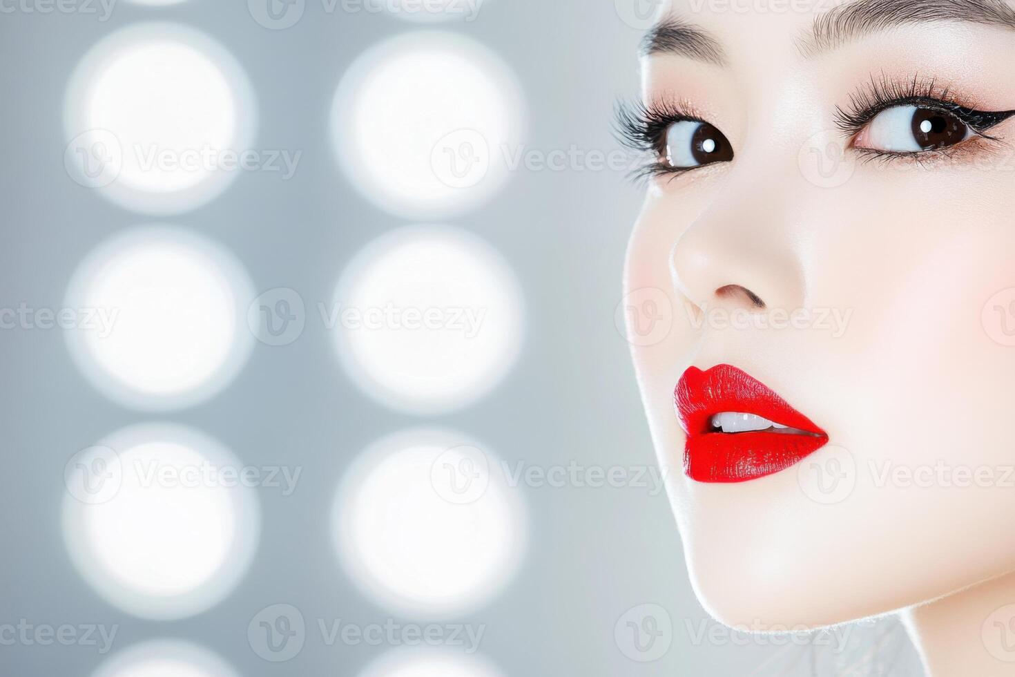 Experimenting with bold red lipstick in a minimalist makeup studio with a well-lit mirror reflection photo