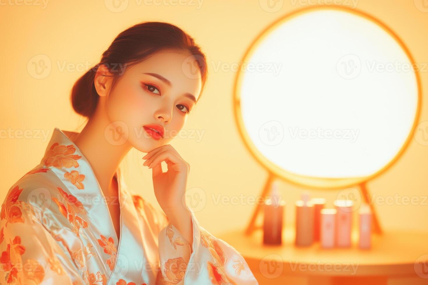 Southeast Asian woman applying moisturizer gently in a softly lit bedroom with a minimalist aesthetic at her vanity table photo