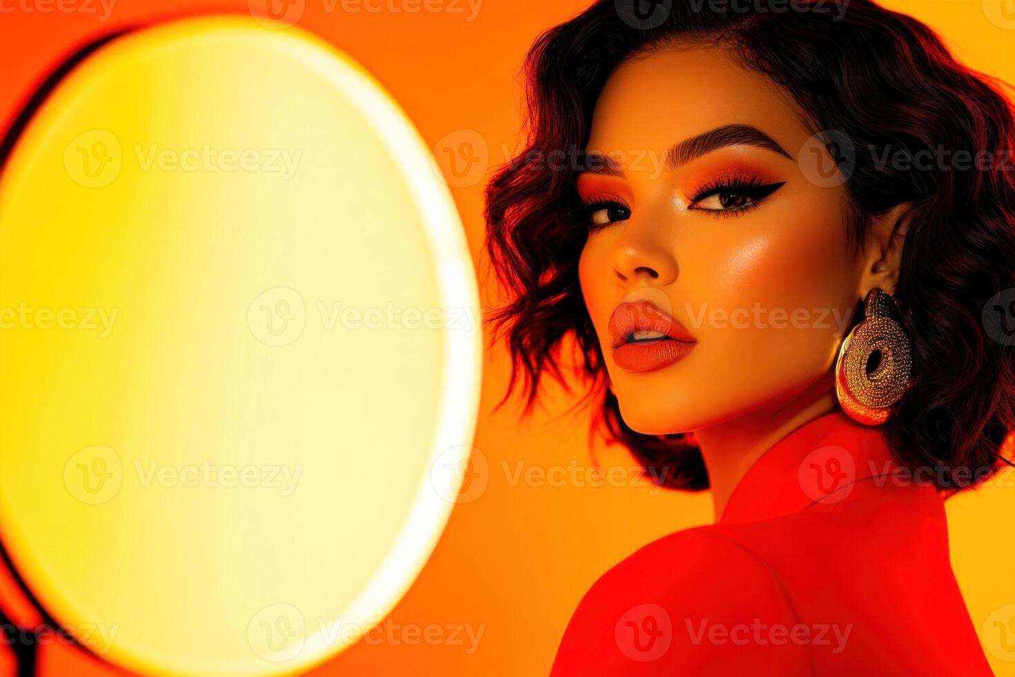 Latina woman applying bronzer in warm golden light in a stylish bedroom setting featuring a minimalist design photo