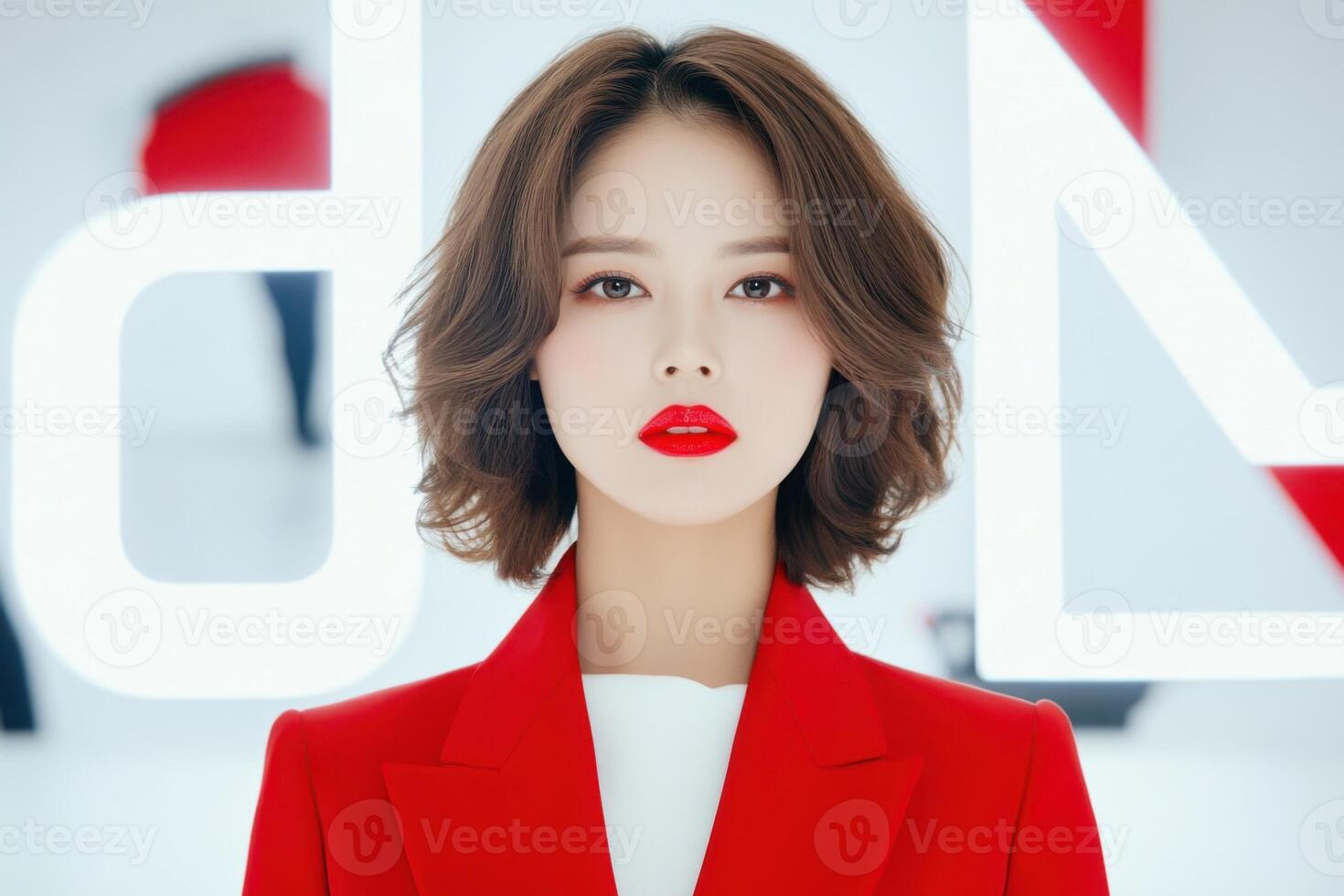 Asian woman applies bold red lipstick in a modern makeup studio with bright lighting and reflective surfaces while exploring her creative style photo