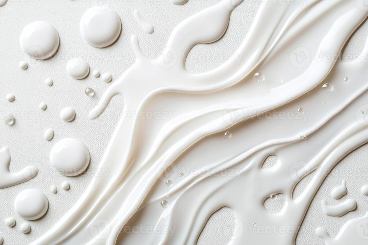 Top-down perspective reveals a dynamic milk splash with suspended droplets against a clean white backdrop, capturing a moment of freshness and fluidity photo