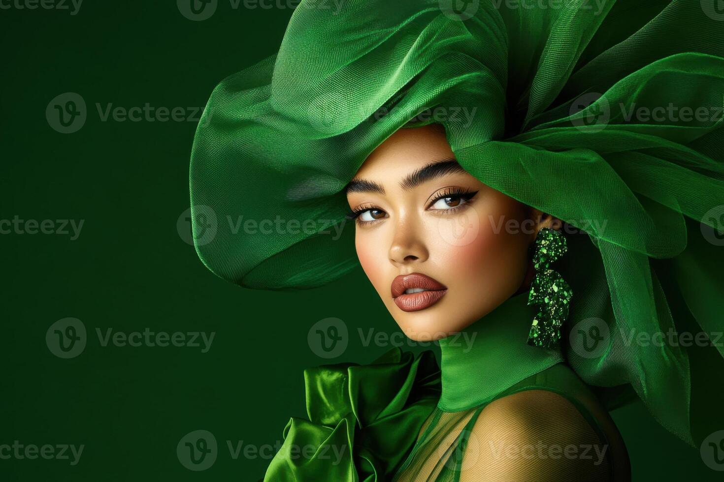 portrait showcasing a model in an avant-garde olive-green outfit with sheer fabrics and structured shoulders against a deep green background photo