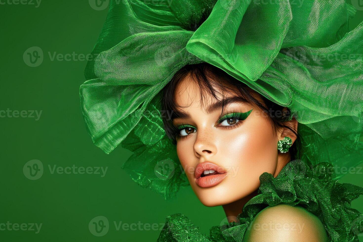 a model in an avant-garde olive-green outfit with sheer fabrics and structured shoulders against a deep green background photo