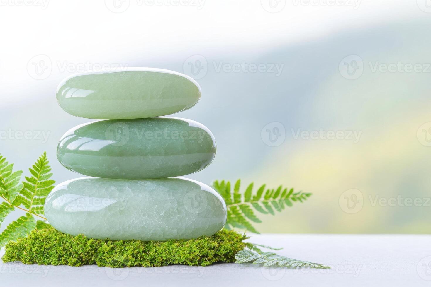 Elegant arrangement of polished green jade stones on soft moss with delicate fern leaves for a calming natural aesthetic photo