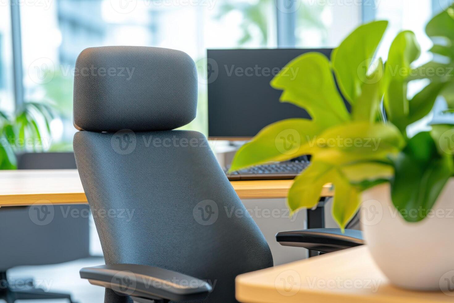 Modern ergonomic office setup with adjustable standing desk, ergonomic chair, and dual monitors in a clutter-free environment promoting productivity photo