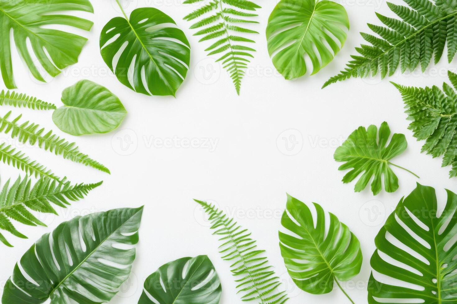 Minimalist botanical flat lay featuring monstera and fern leaves on white linen background with gentle shadows enhancing texture photo