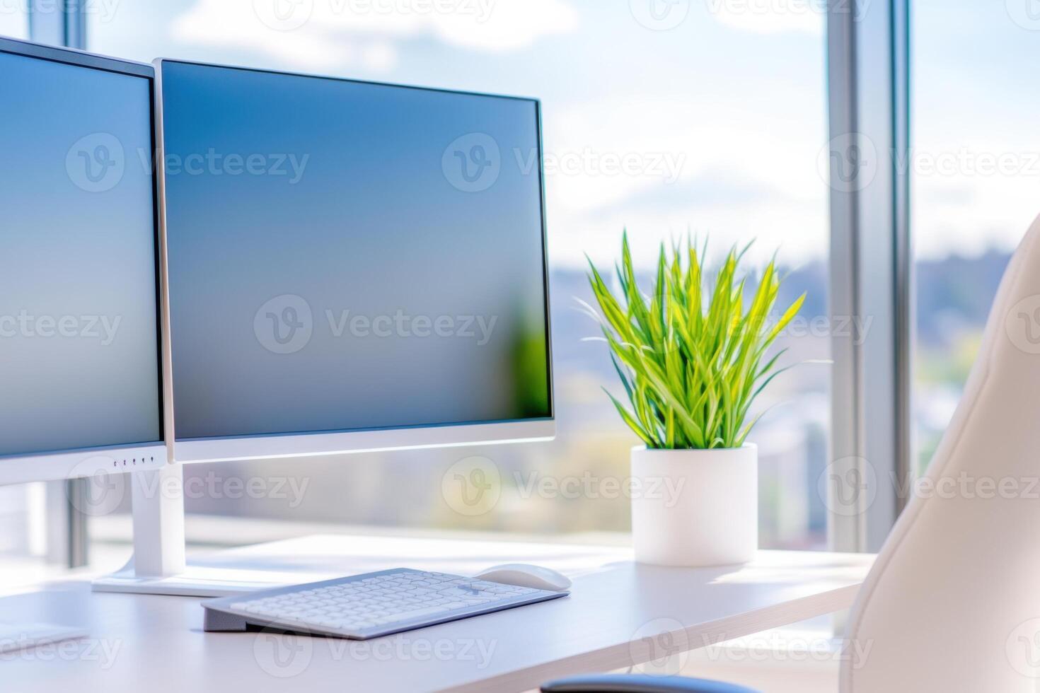 Modern ergonomic office setup features an adjustable standing desk, dual-monitor system, and ergonomic chair in a bright, clutter-free workspace photo