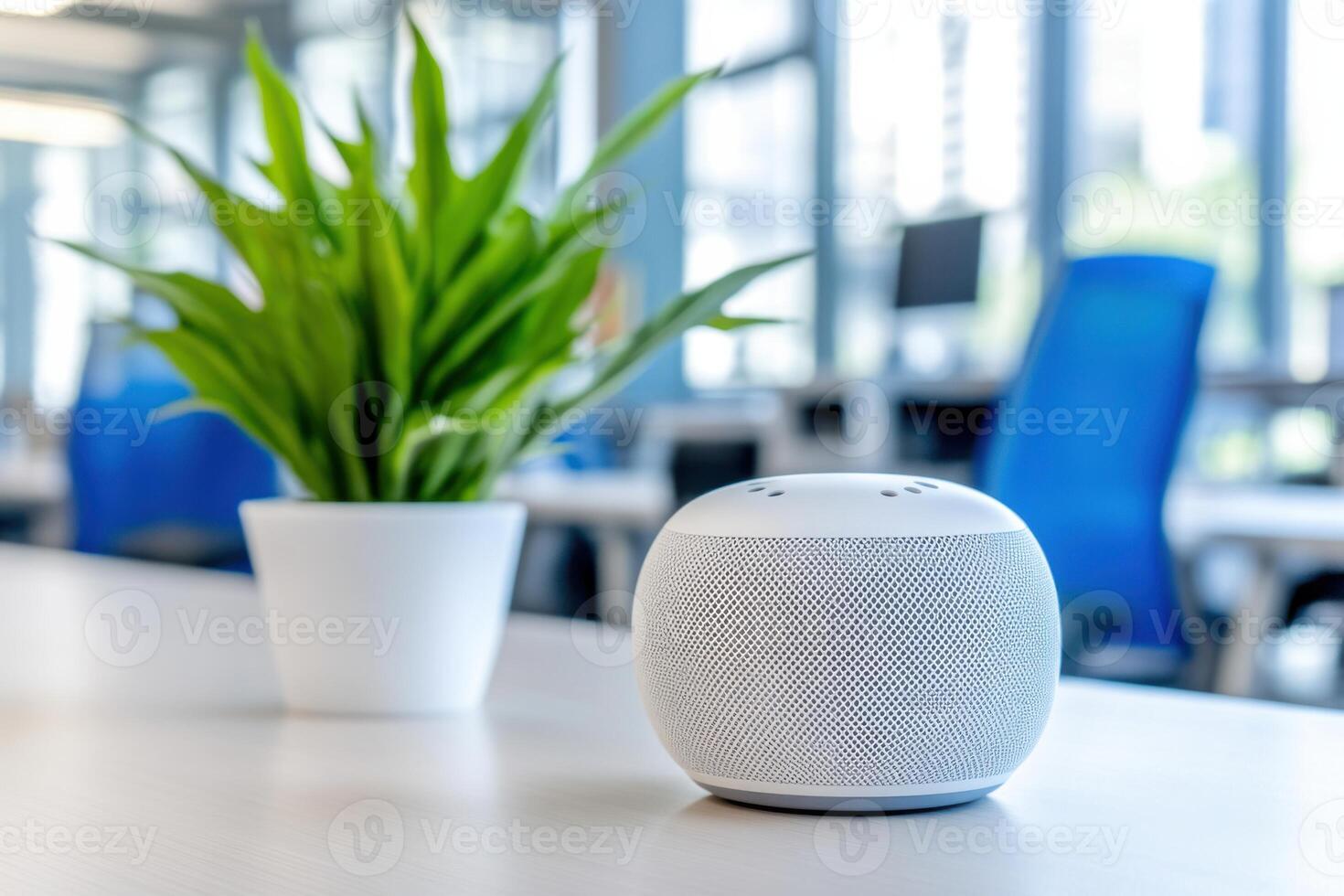 AI office assistant helps employees with task scheduling on a sleek modern desk in a bright workspace photo