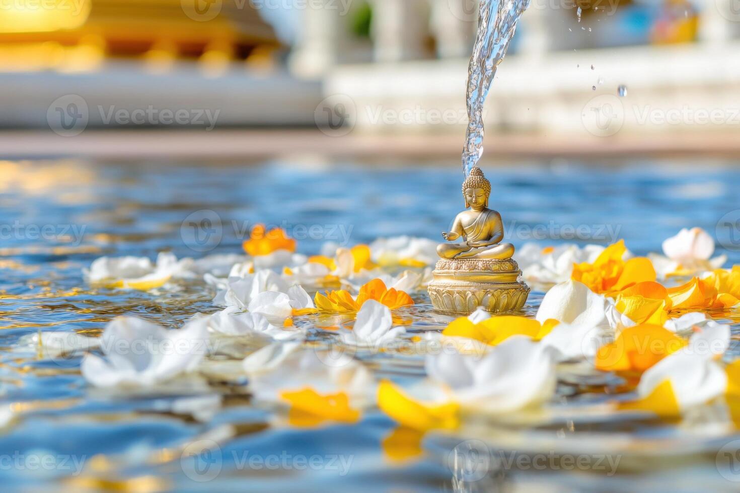 Devotee performs sacred Vesak ritual by pouring water over small Buddha statue adorned with flower petals photo