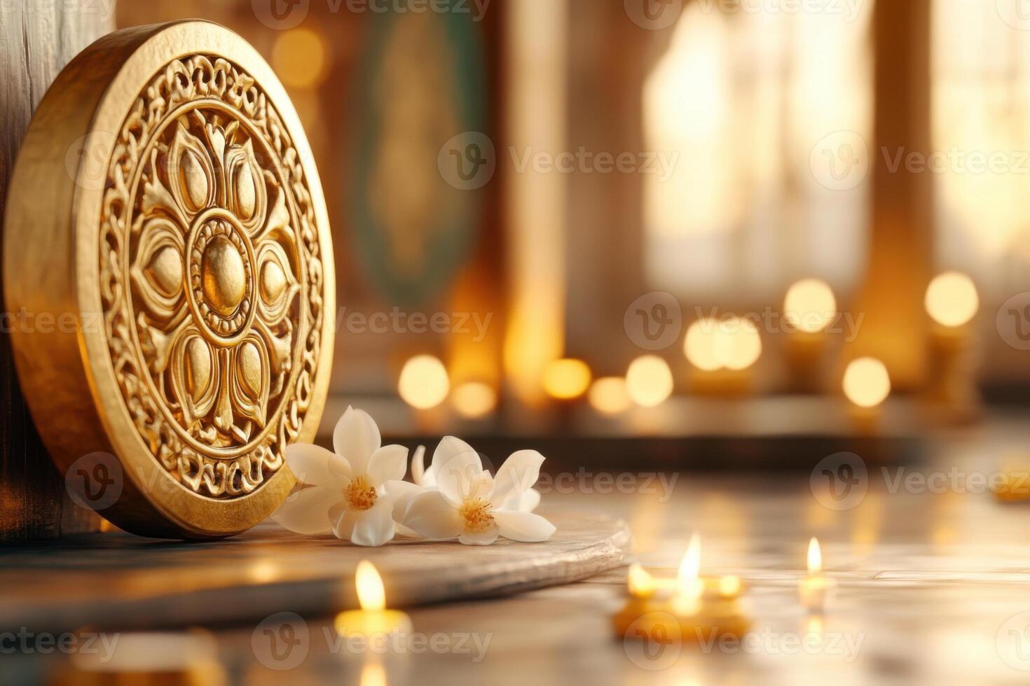 Intricate golden Dharma Wheel placed on an altar with incense, candles, and sacred texts for meditation and reflection photo