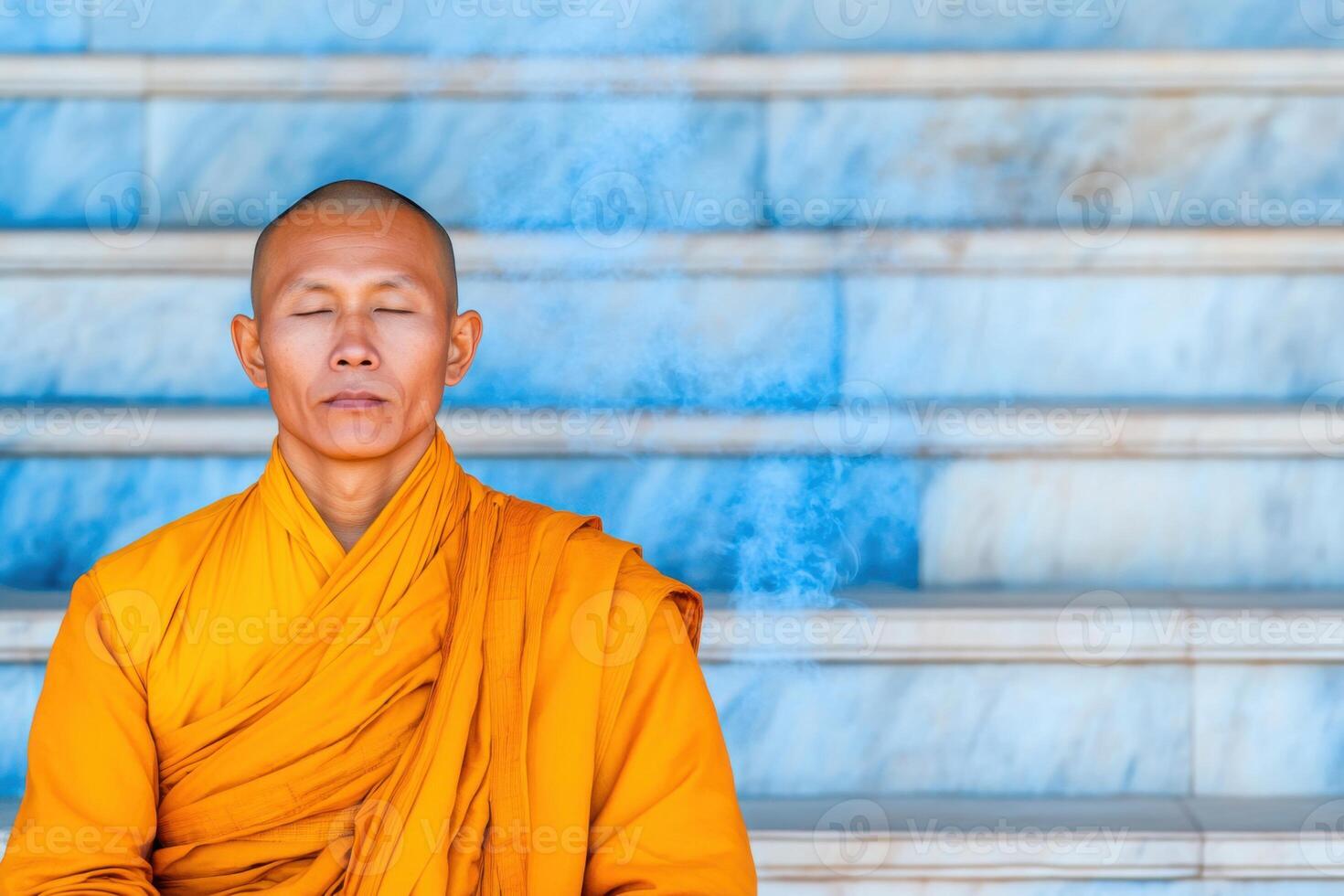 Buddhist monk in saffron robes meditates peacefully at ancient temple steps surrounded by incense smoke photo