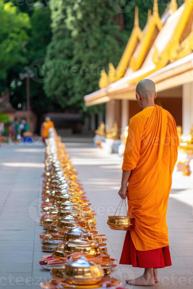 Monk receives alms in a serene temple courtyard surrounded by golden statues and traditional Buddhist decorations during morning rituals photo