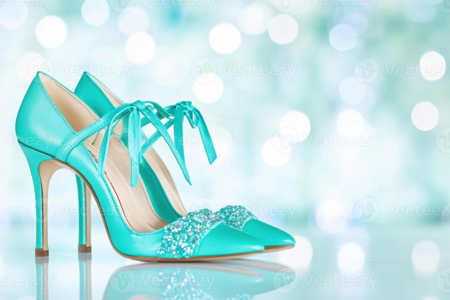 High-fashion turquoise lace-up heels create a stunning impact on a glossy white surface showcasing luxury and elegance in footwear design photo