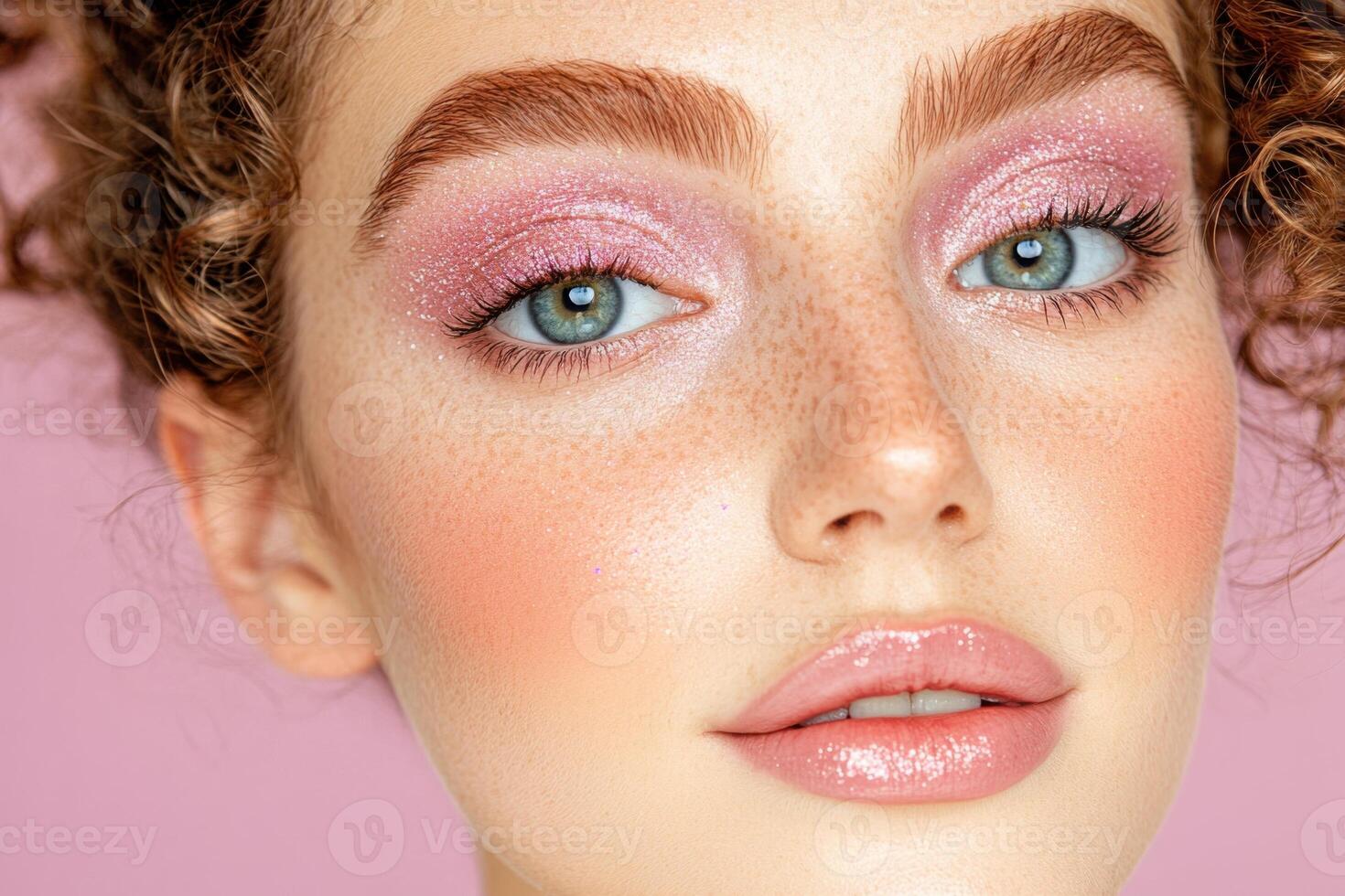 Elegant beauty portrait showcasing a model with shimmering lilac eyeshadow, glossy pink lips, and soft curls against a pastel background photo