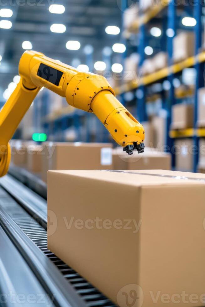 Futuristic automated warehouse features robotic arms sorting packages efficiently in a modern logistics facility photo