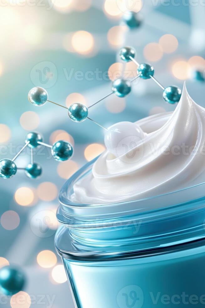 Cosmetic cream with peptides creates a luxurious texture in an open jar, surrounded by molecular structures and glowing particles photo