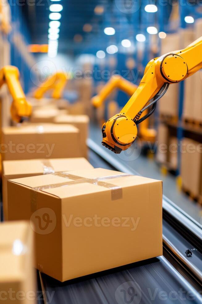 Futuristic automated warehouse equipped with robotic arms and conveyor belts efficiently sorting packages photo