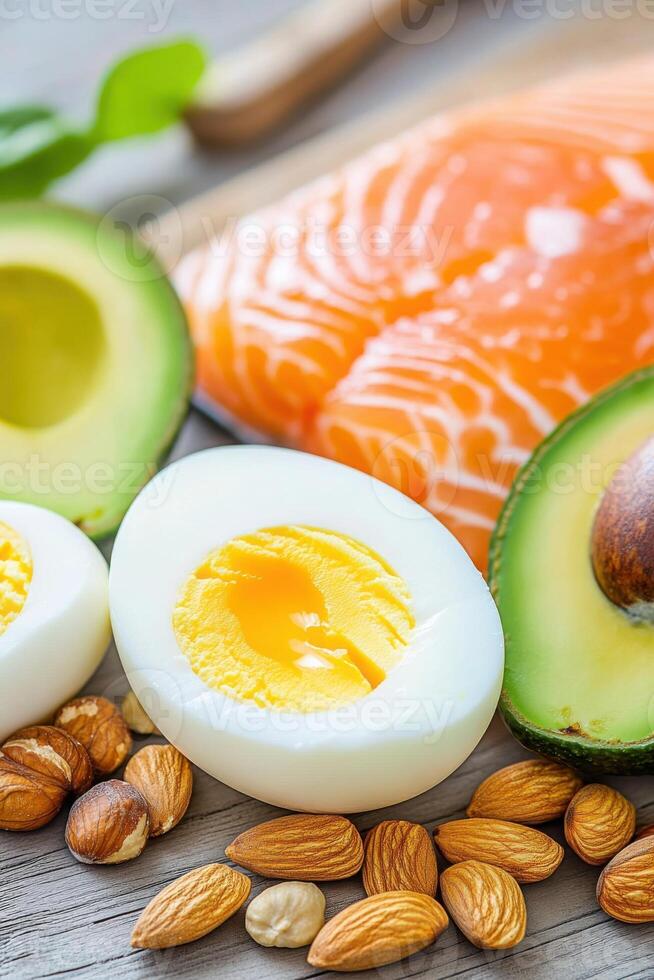Natural sources of peptides showcased beautifully through salmon, eggs, nuts, and avocado on a wooden surface with soft natural lighting photo