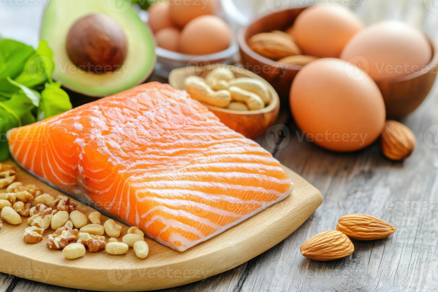 Delicious natural sources of peptides featured on a rustic wooden surface beautifully illuminated by soft natural lighting photo