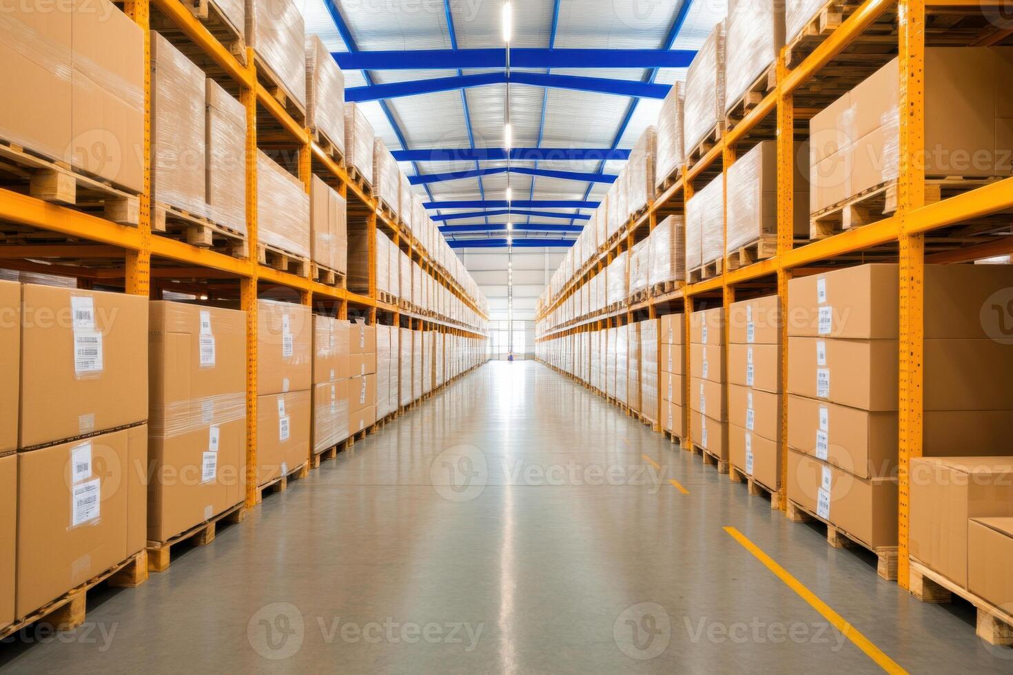 Large industrial warehouse with organized shelving and bright lighting for efficient storage and retrieval of goods photo