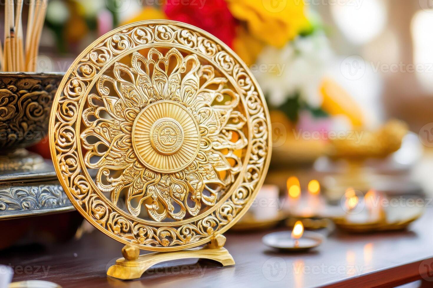 Intricately carved golden Dharma Wheel on an altar surrounded by incense and candles in a serene Buddhist setting photo