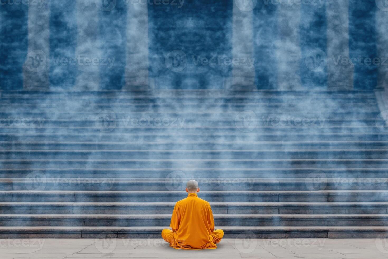 Peaceful meditation of a Buddhist monk in saffron robes at an ancient temple surrounded by incense smoke photo