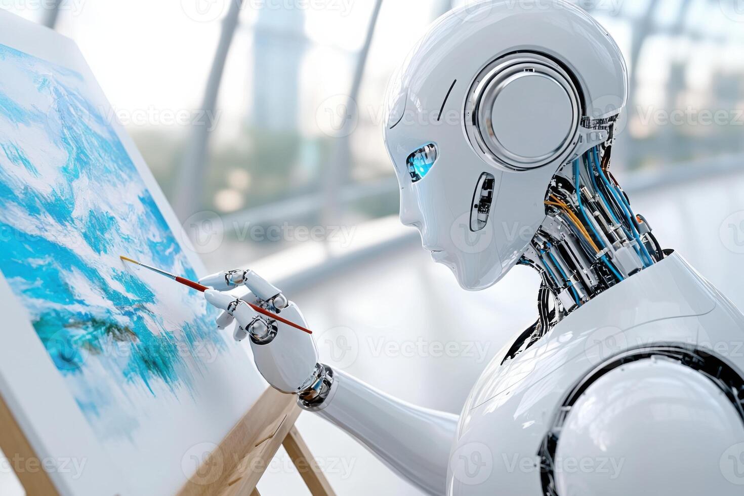 Futuristic humanoid robot artist creates serene landscape painting in bright art studio filled with color and creativity photo