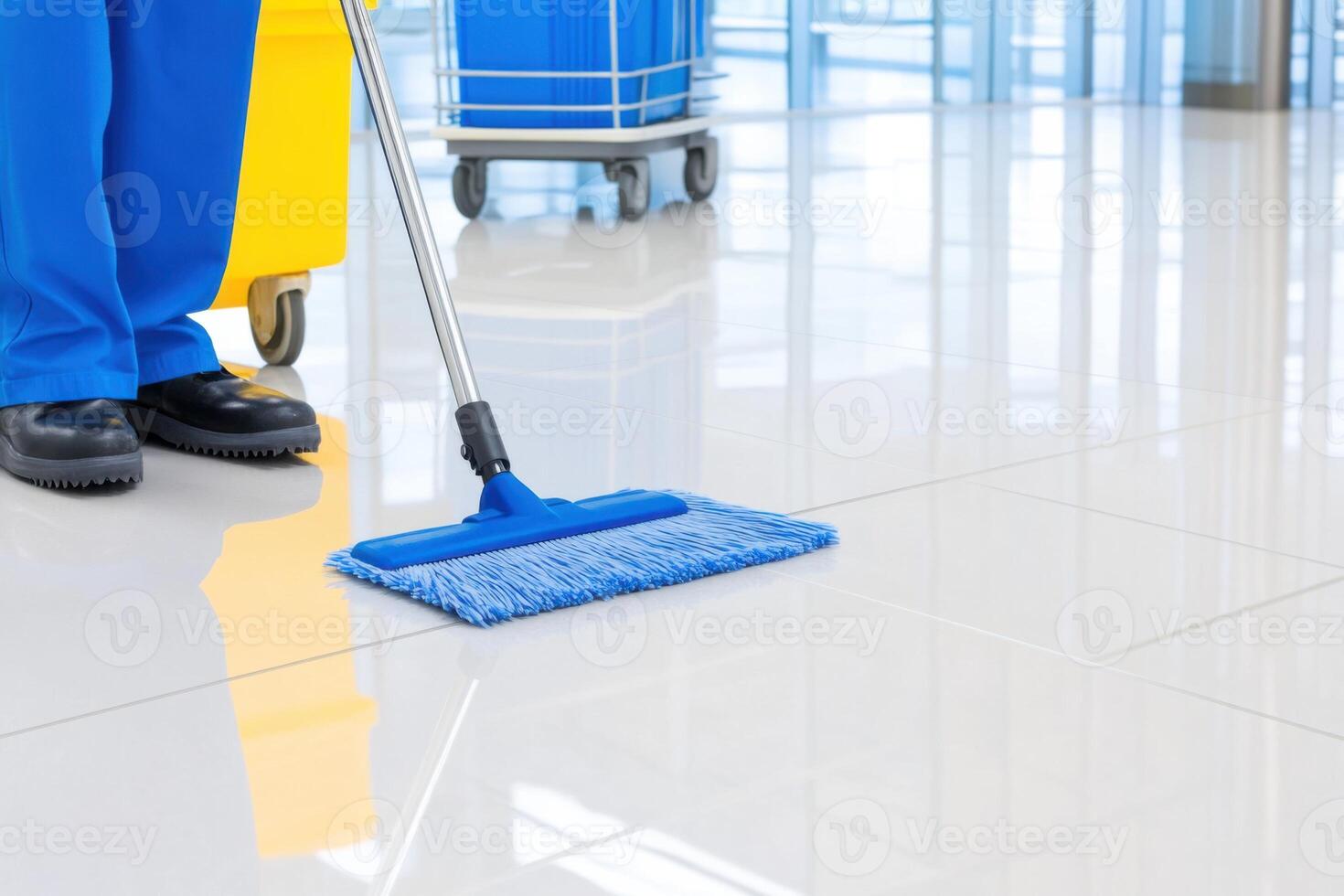Janitorial staff member mops the floor of a modern office with precision, showcasing a clean environment and efficient cleaning techniques photo