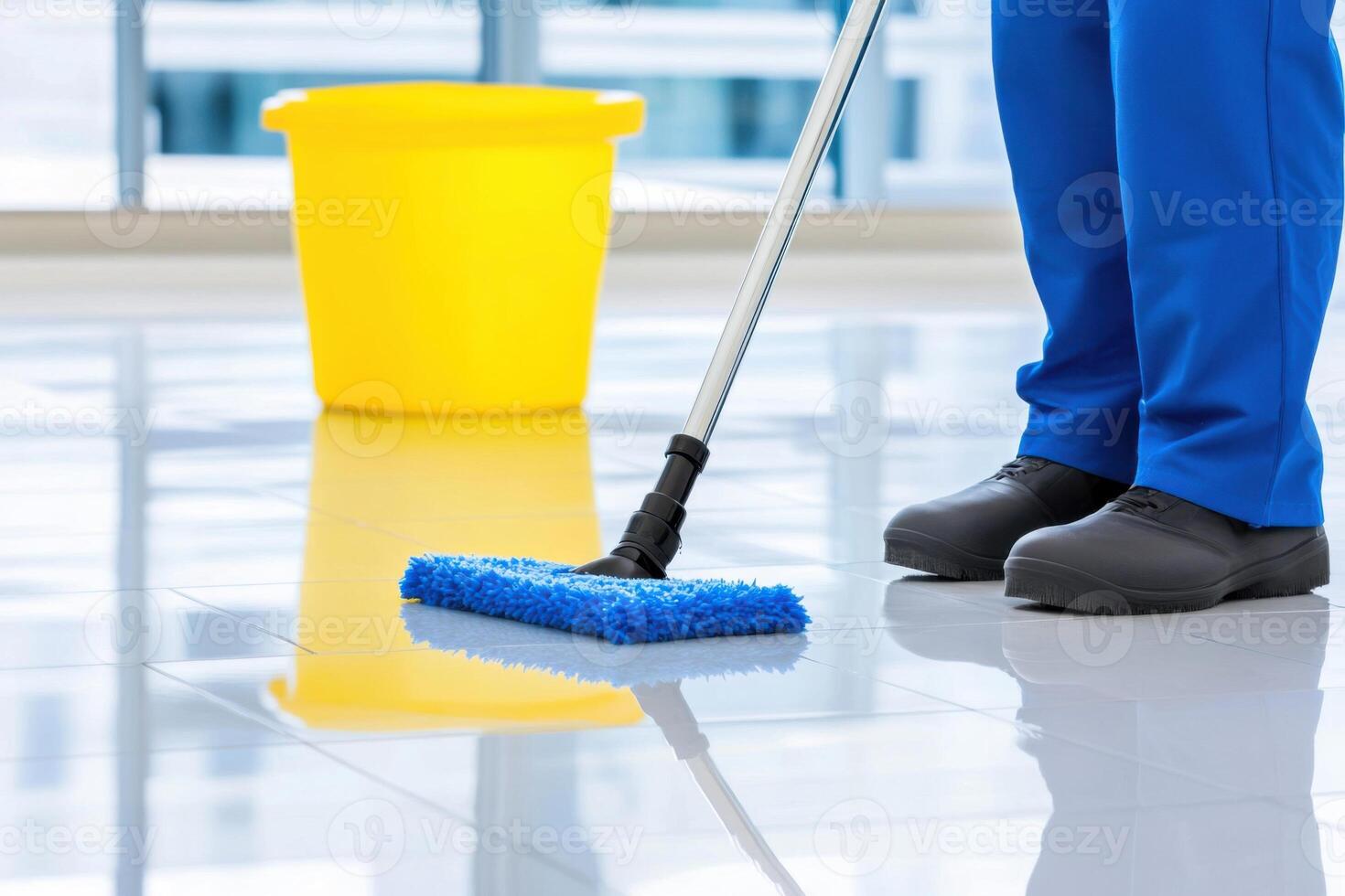 Janitorial worker meticulously mopping glossy floor to achieve a streak-free shine in a clean environment photo
