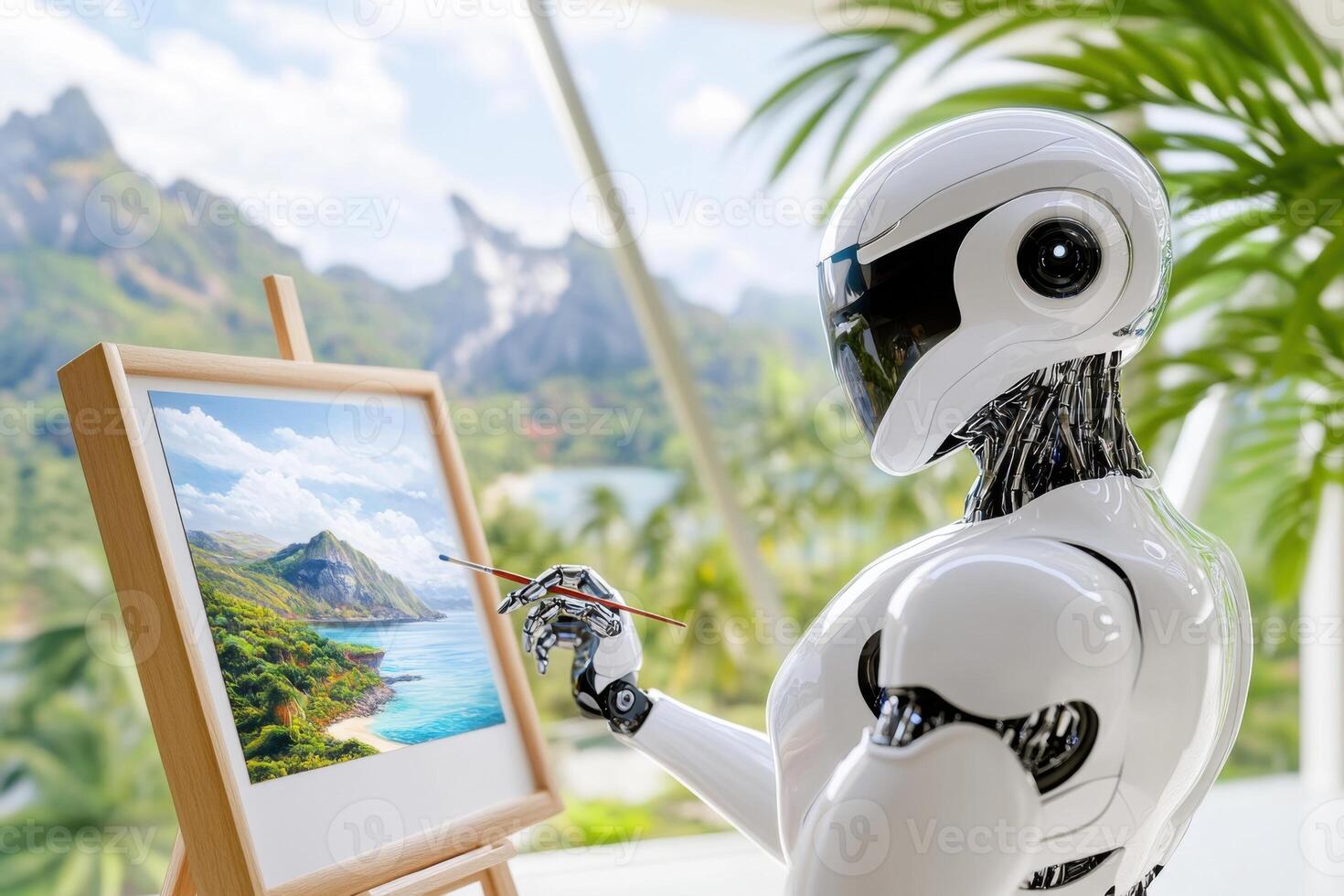 Futuristic humanoid robot artist creating serene landscape art in a bright studio filled with nature-inspired beauty photo