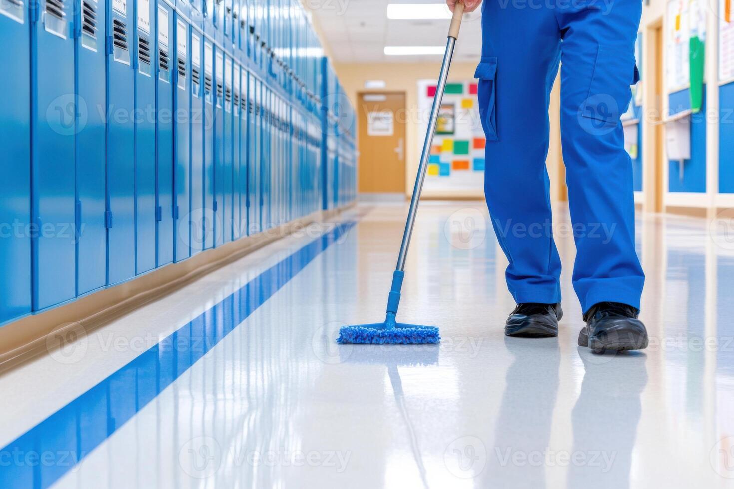 Janitorial staff member diligently mopping a school hallway with lockers and bulletin boards in the background under bright lighting photo